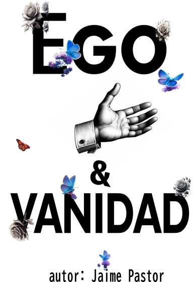 Ego y Vanidad Texto en blanco y negro con ilustraciones de mariposas y una mano, título de un libro.